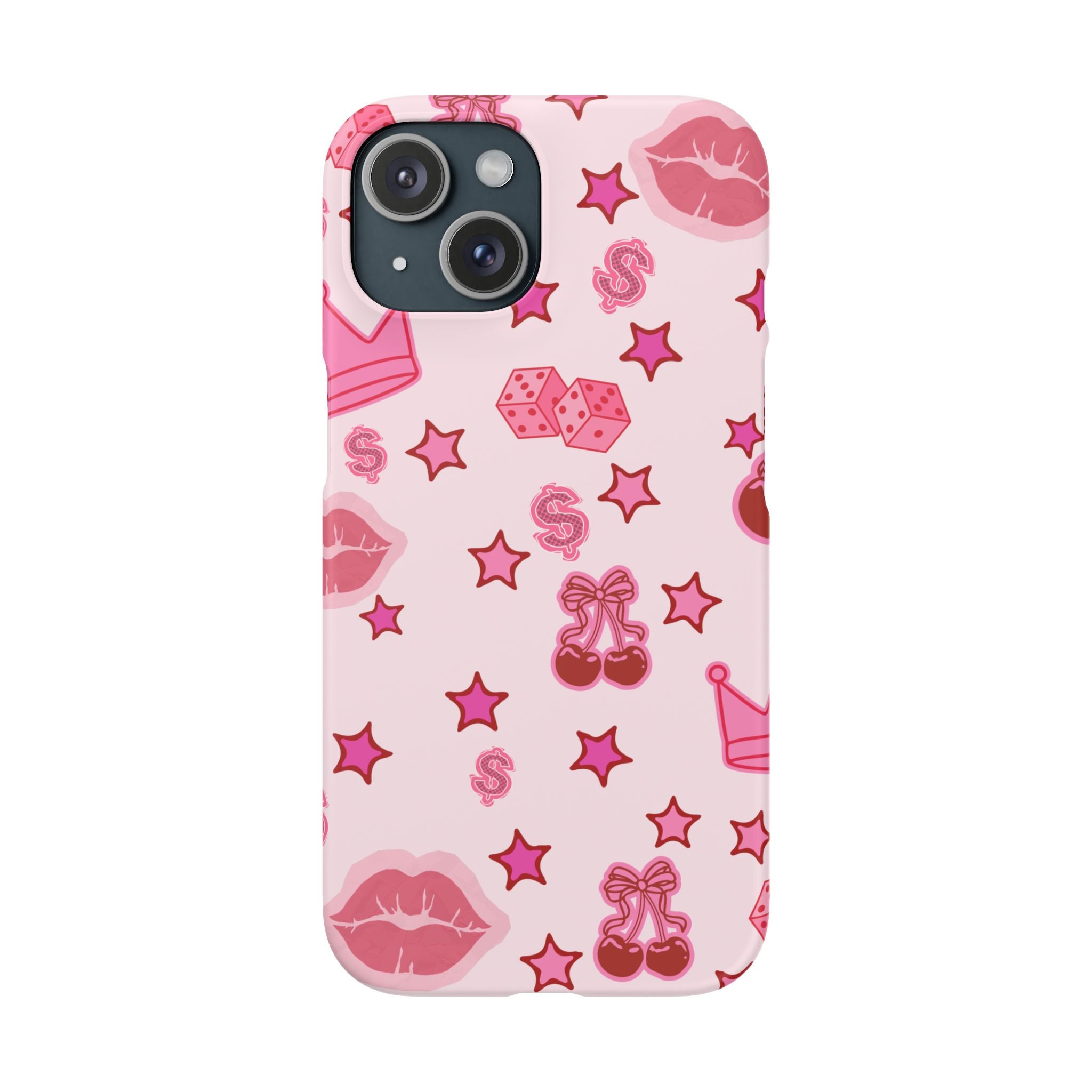 Pink Kawaii Icons Phone Case — Lip, Crown & Cherry Pattern Snap Case
