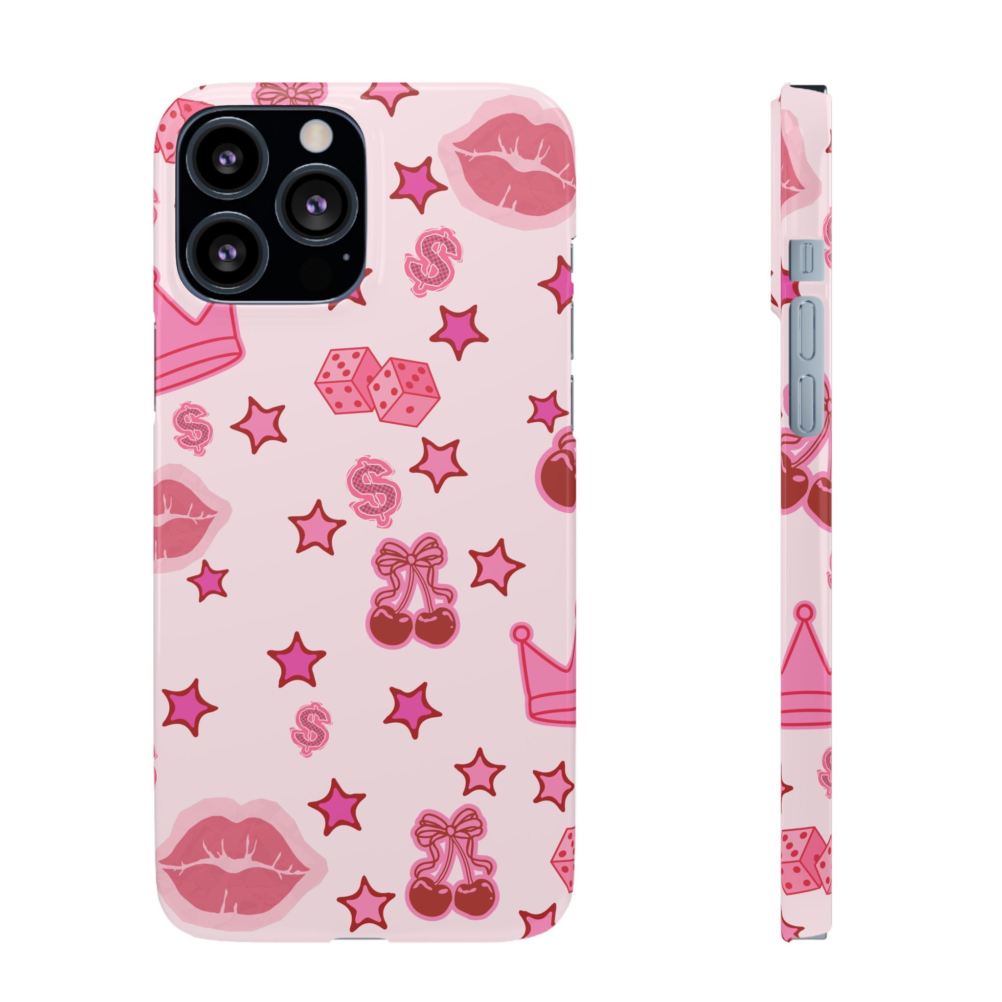 Pink Kawaii Icons Phone Case — Lip, Crown & Cherry Pattern Snap Case