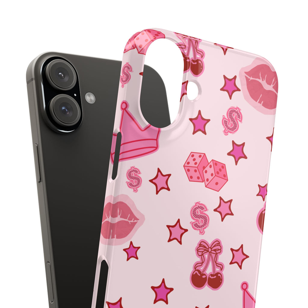 Pink Kawaii Icons Phone Case — Lip, Crown & Cherry Pattern Snap Case