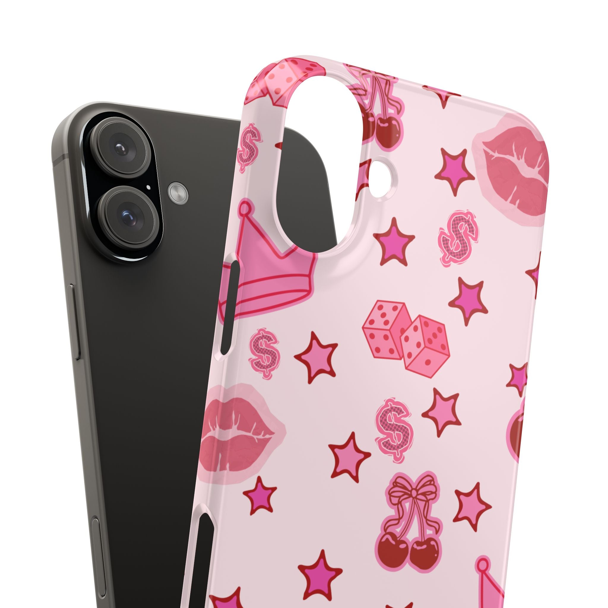 Pink Kawaii Icons Phone Case — Lip, Crown & Cherry Pattern Snap Case