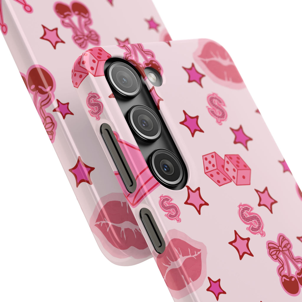 Pink Kawaii Icons Phone Case — Lip, Crown & Cherry Pattern Snap Case
